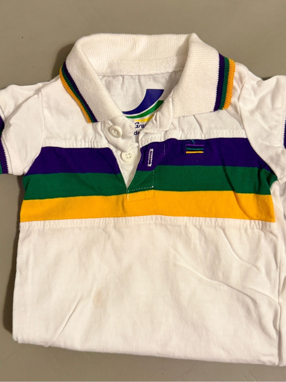 White Polo Shirt with Purple, Green & Yellow Stripes -Infant